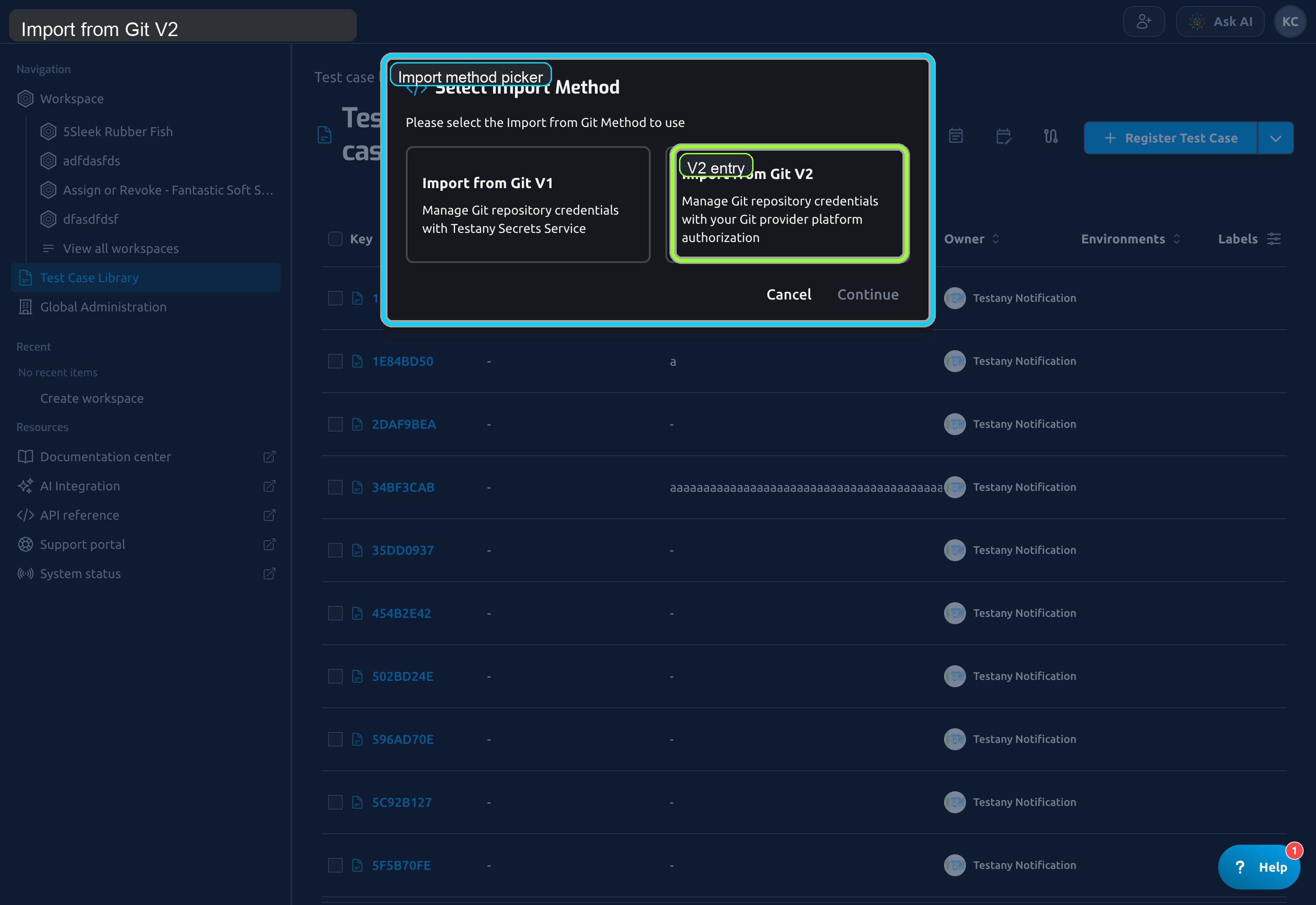 Import from Git version selector