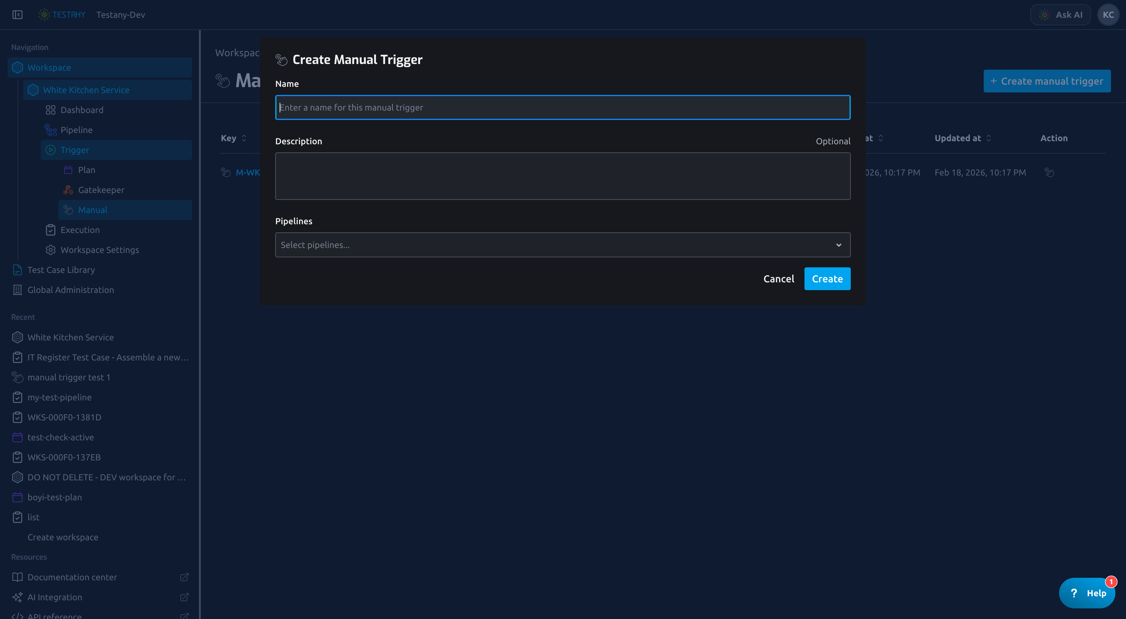 Create Manual Trigger dialog