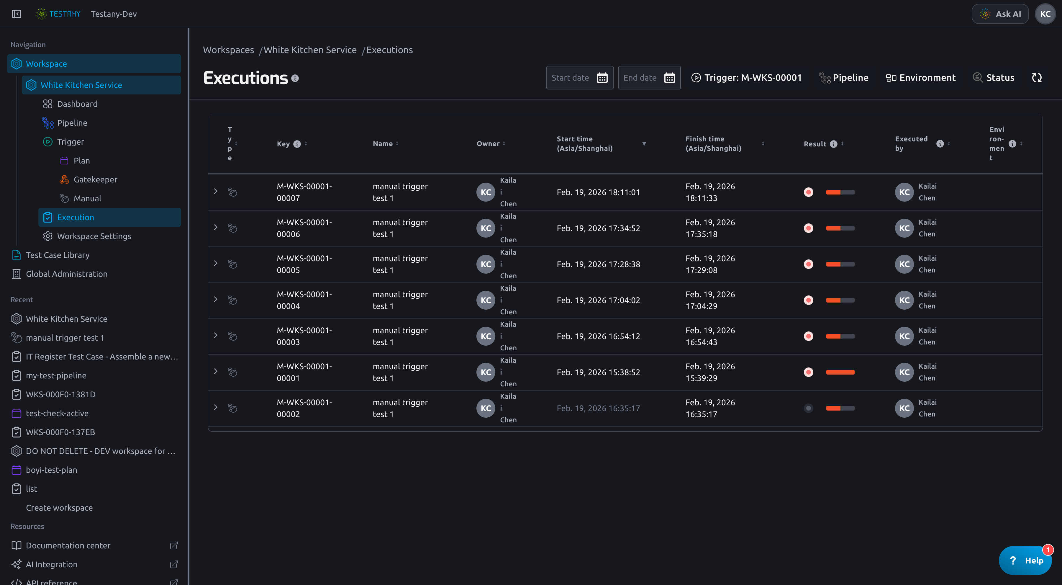 Execution history filtered by Manual Trigger