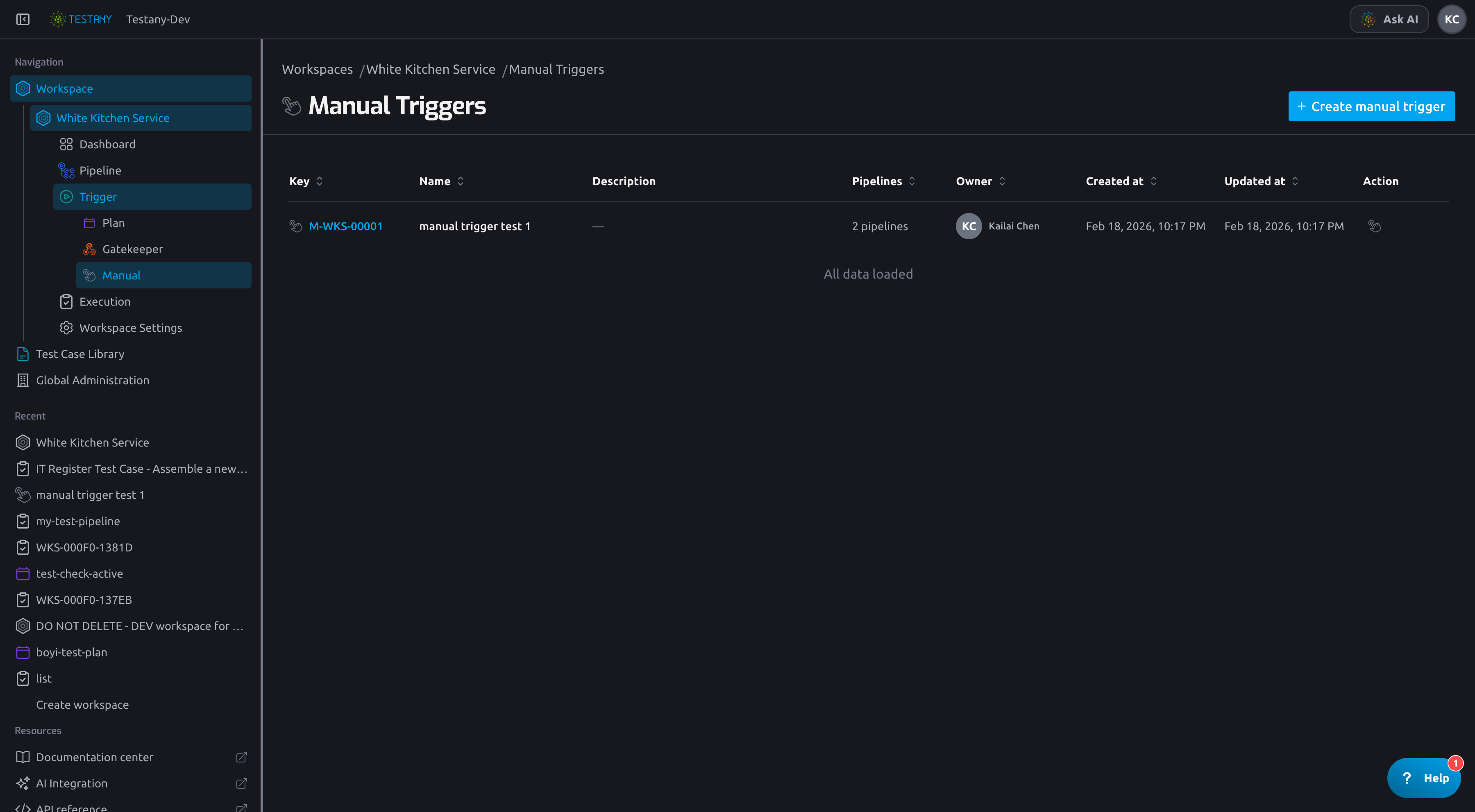 Manual Trigger list page