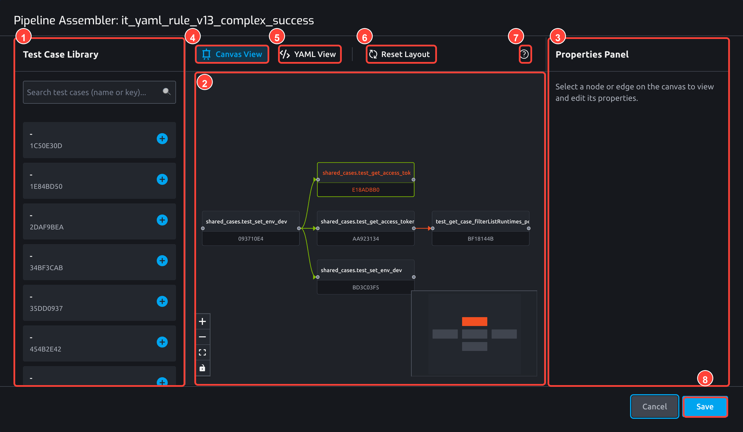 Pipeline Assembler canvas overview with Test Case Library, canvas, and Properties Panel