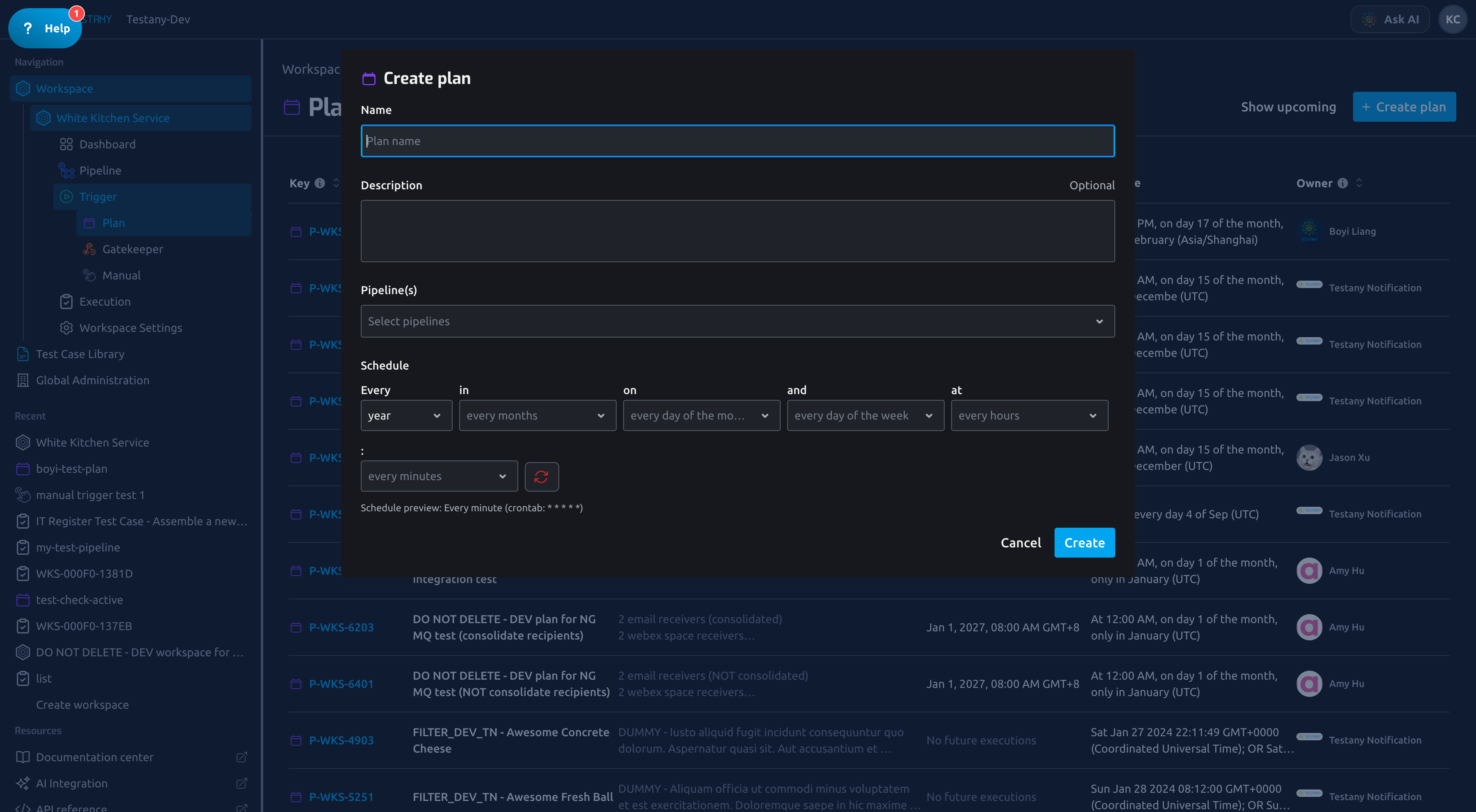 Create plan dialog