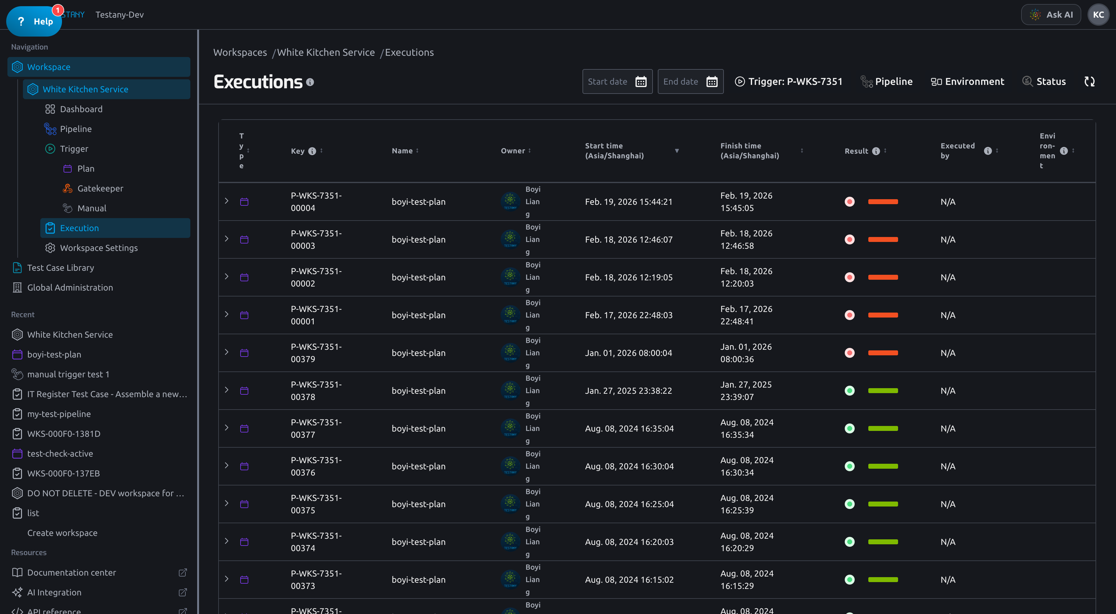 Execution history filtered by plan