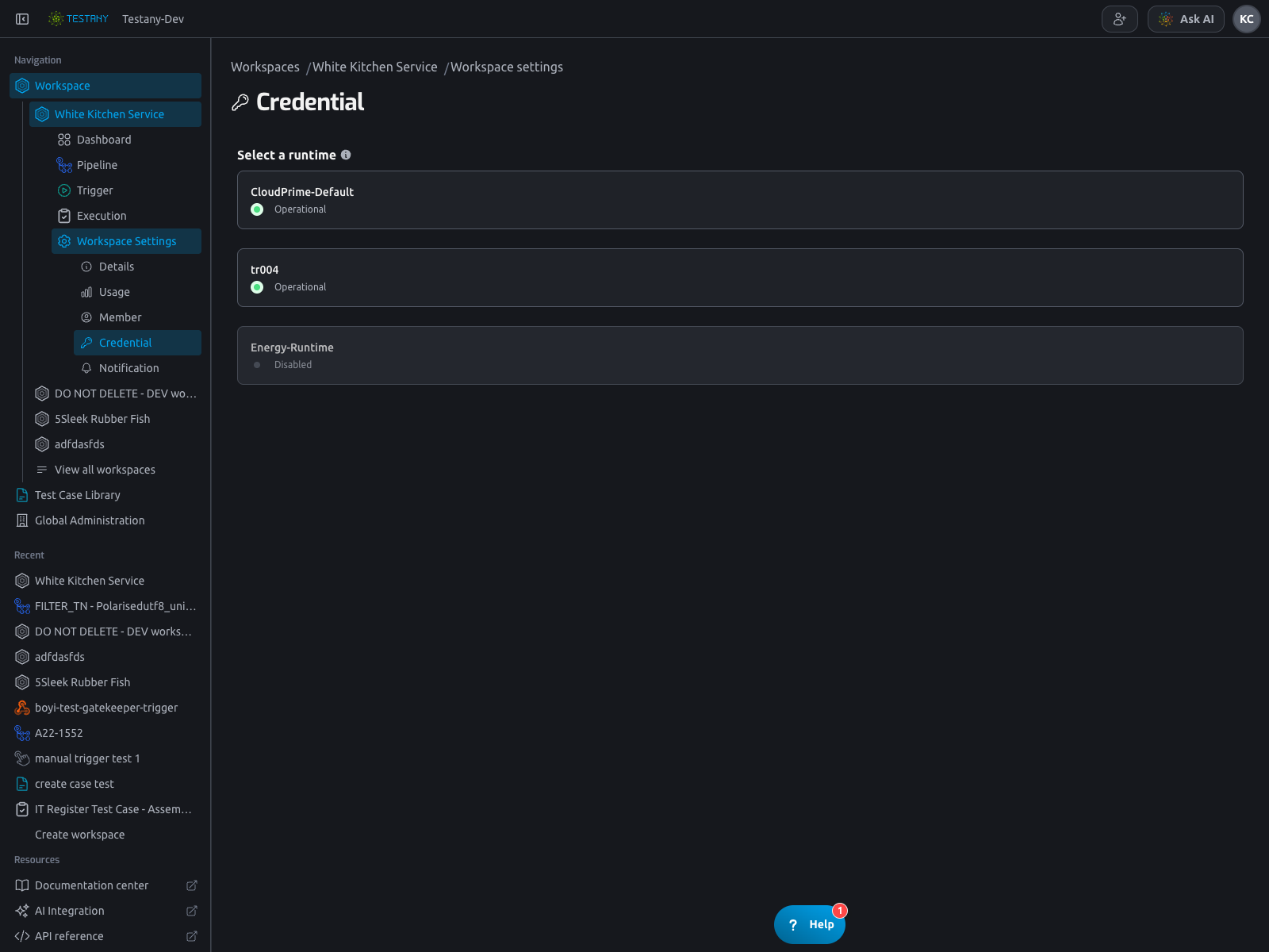 Workspace settings - Credential