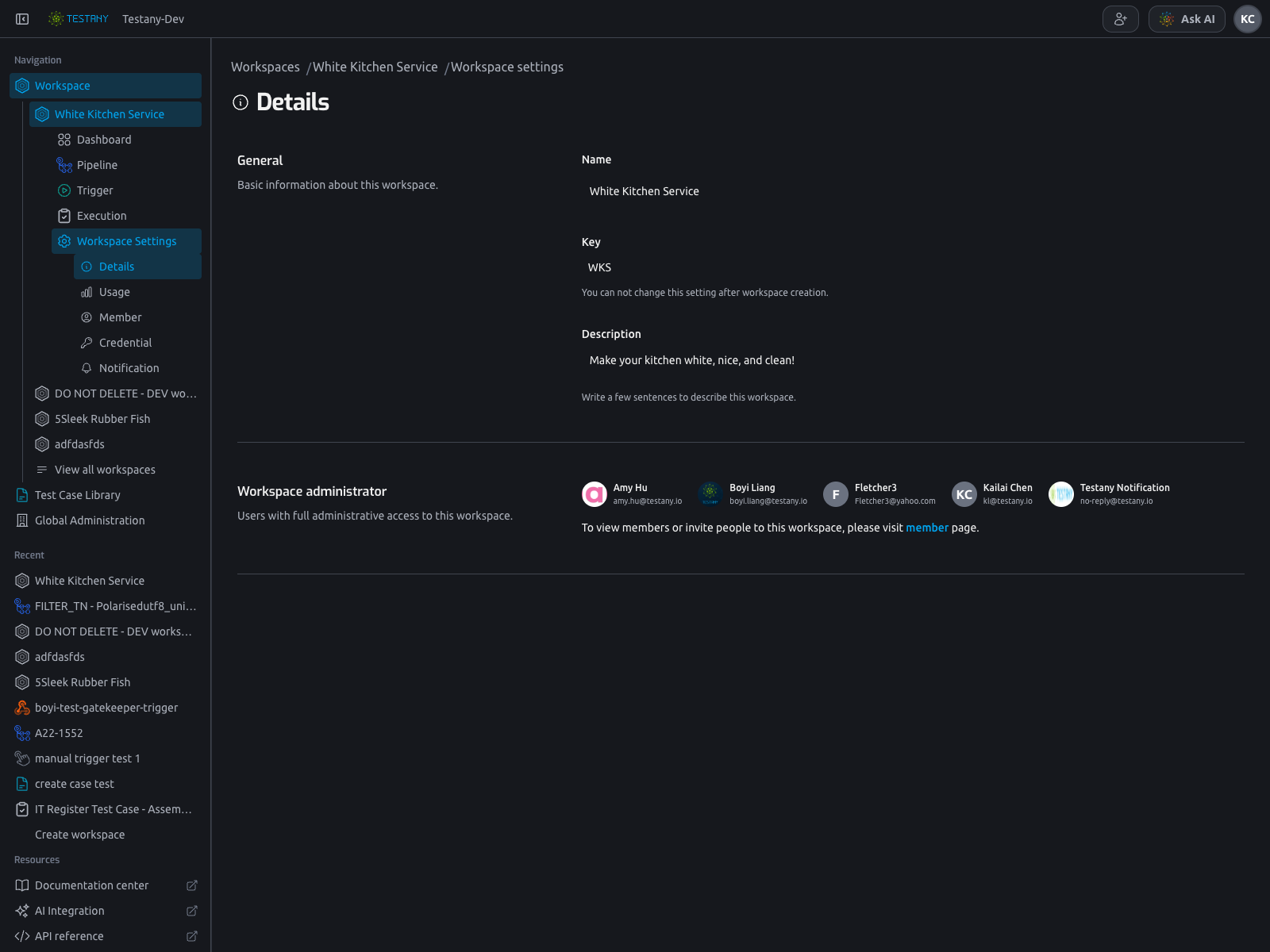 Workspace settings - Details overview