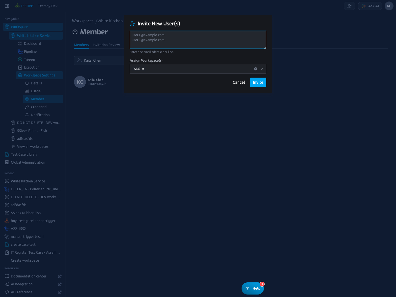 Workspace settings - Member invite dialog